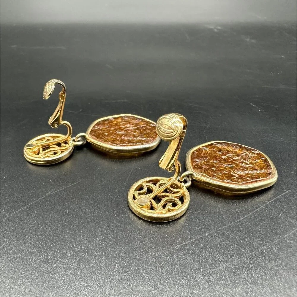 Vintage Clip On Earrings Sarah Coventry Honey Amber Dangle 1970s Retro Gold Tone - Picture 3 of 8